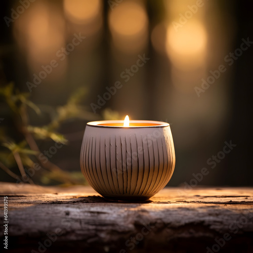 A pottery candle holder from ZenClay, radiating tranquility in a dimly lit setting, photographed with a macro lens at f 2.8 Generative AI