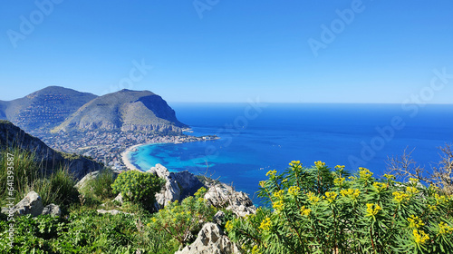 Monte Pellegrino, Palermo, Sicily, Italy. View of Mondello Beach from Monte Peregrino. Hiking, travel. Visit Sicily