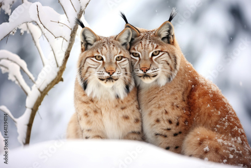 A loving couple of lynxes in the winter in the forest © Veniamin Kraskov