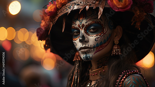 Mexican Day of the Dead. Woman dressed as the skull Catrina, with a flower hat. Mexican tradition. Halloween.