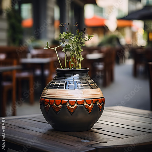 A pottery centerpiece from UrbanSophistication, adding sophistication to urban settings, photographed with a standard lens at f 5.6 Generative AI photo