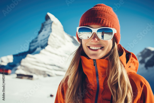 Young woman wearing sunglasses and ski equipment in ski resort on Matterhorn, winter holiday concept. © Jasmina