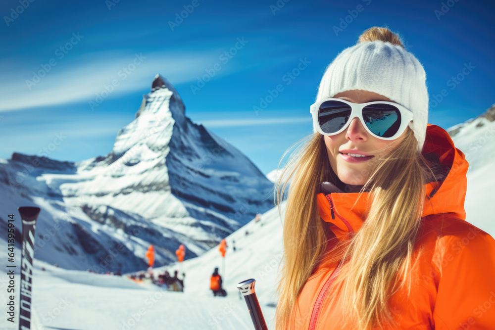 Young woman wearing sunglasses and ski equipment in ski resort on Matterhorn, winter holiday concept.