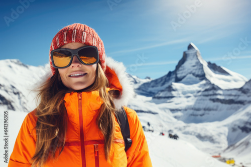 Young woman wearing sunglasses and ski equipment in ski resort on Matterhorn, winter holiday concept.