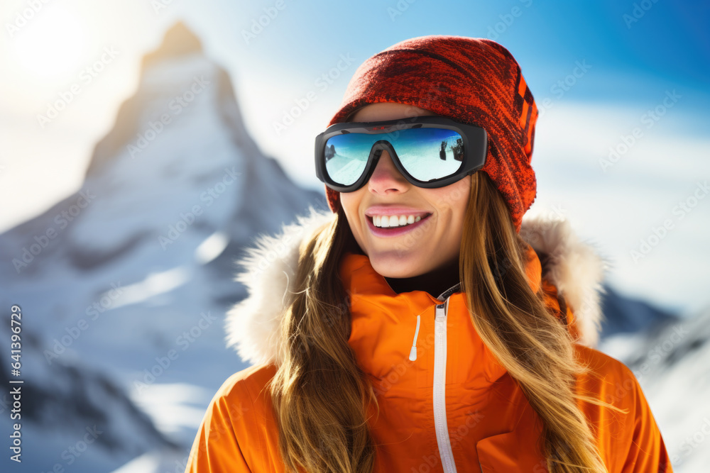 Young woman wearing sunglasses and ski equipment in ski resort on Matterhorn, winter holiday concept.