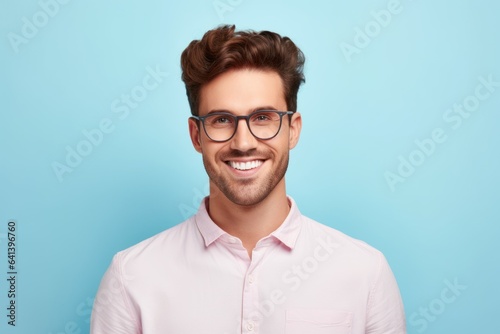 Portrait of a Fictional Handsome Casual White Man Isolated on a Plain Pastel Colored Background. Generative AI. © Tuyres