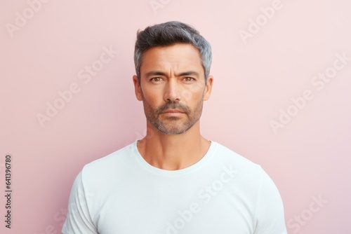 Portrait of a Fictional Handsome Casual White Man Isolated on a Plain Pastel Colored Background. Generative AI.