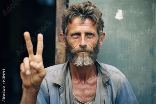 Portrait of a Fictional Man Making Peace Sign with his Fingers. Generative AI.