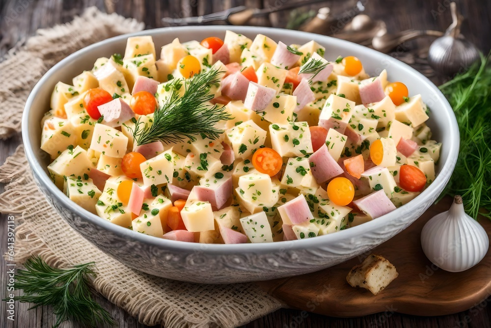 Olivier salad is absolutely unique and delicious. Dice the potatoes, onions, carrots, eggs and ham into small cubes in a large bowl