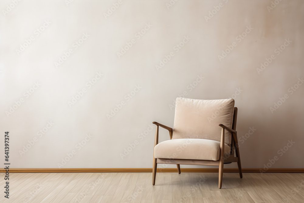 Minimal interior armchair zen style wooden chair in front of empty white wall Minimal interior armchair zen style wooden chair in front of empty white wall