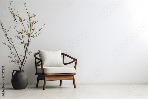 Minimal interior armchair zen style wooden chair in front of empty white wall