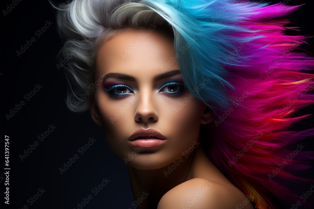 Fototapeta premium Striking Woman with Vibrant Multicolored Hair 