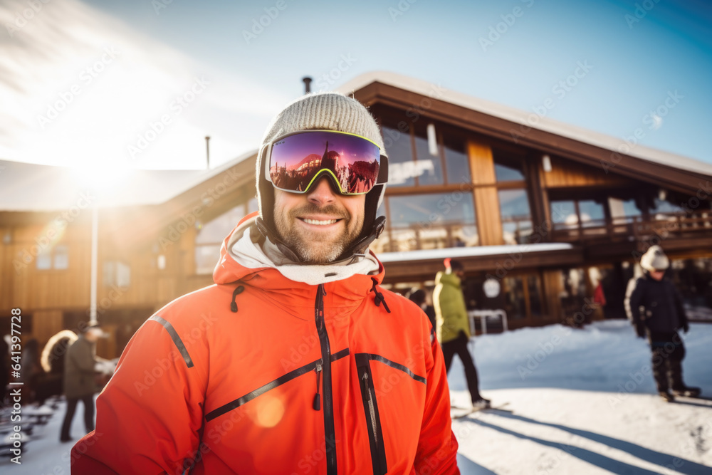 Happy middle aged skier with sunglasses and ski equipment in ski resort on Bukovel, winter holiday concept. Happy middle aged skier with sunglasses and ski equipment in ski resort on Bukovel, winter holiday concept.