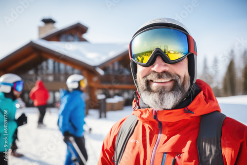 Happy middle aged skier with sunglasses and ski equipment in ski resort on Bukovel, winter holiday concept. © Jasmina