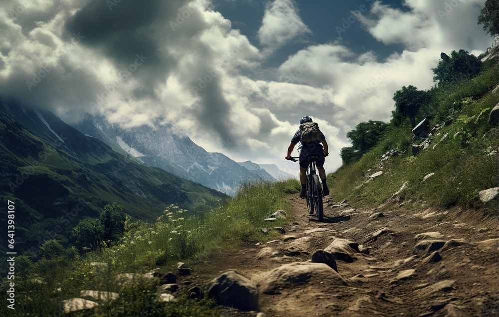 man on bike at nature, extreme bicycle sport at mountain and forest, generative AI