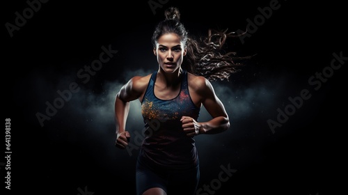 female person running on black background, woman sprinter concept studio shot, generative AI