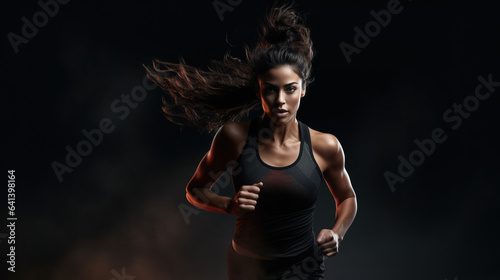 female person running on black background, woman sprinter concept studio shot, generative AI