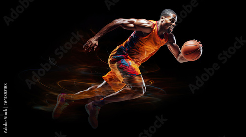 professional basket ball player with ball on black background, dynamic motion concept, generative AI © goami