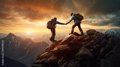 two climber man on mountain peak, help to climb and hold hand, friendship and teamwork concept, generative AI
