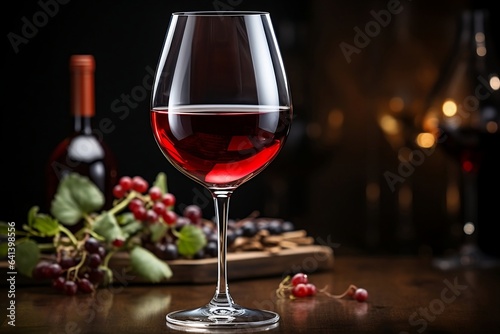 A glass of red wine with grapes and a bottle in the background. Generative AI.	