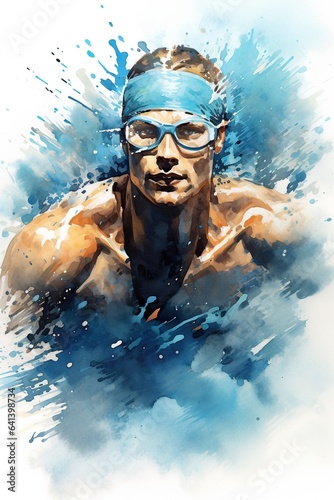 professional swimmer sportsman at swimming pool at competition, colorful illustration, generative AI © goami
