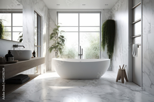 Spacious and elegant bathroom with a luxurious white bathtub placed next to a window, providing natural light and a calming atmosphere. Ideal for a relaxing and rejuvenating experience. AI Generative. © sorapop