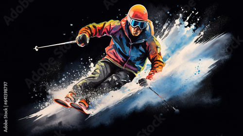illustration of man skiing on black background, dynamic motion, ski concept, generative AI