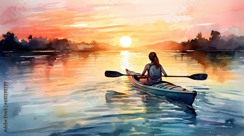 female paddling kayak boat at sunset on lake or river, watercolor illustration, generative AI