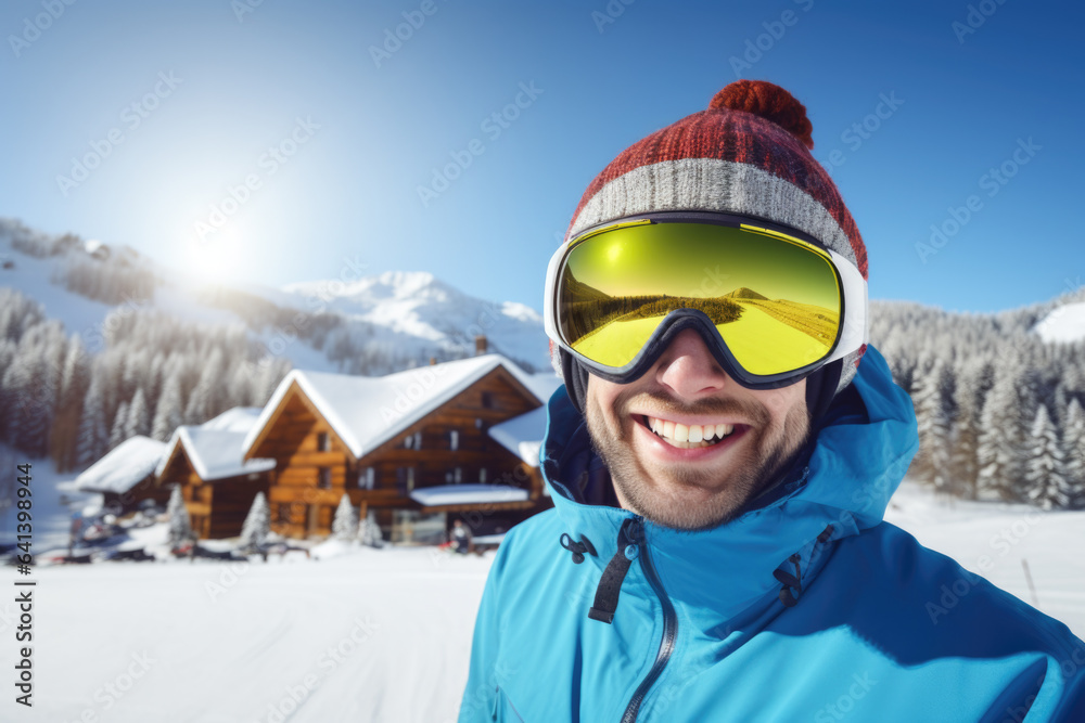 Happy young skier with sunglasses and ski equipment in ski resort on Bukovel, winter holiday concept.