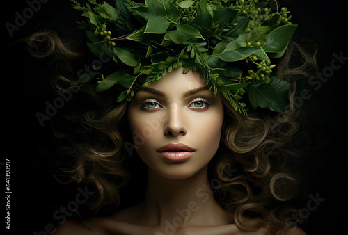 Beautiful woman with a green wreath on her head organic concept
