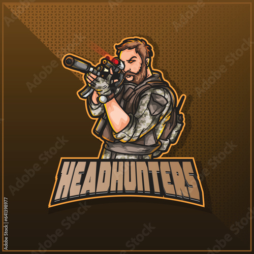 Mascot logo e-sports logo template vector editable design hunter military army soldier