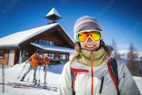 Happy young female skier with sunglasses and ski equipment in ski resort on Alpe d'Huez, winter holiday concept.