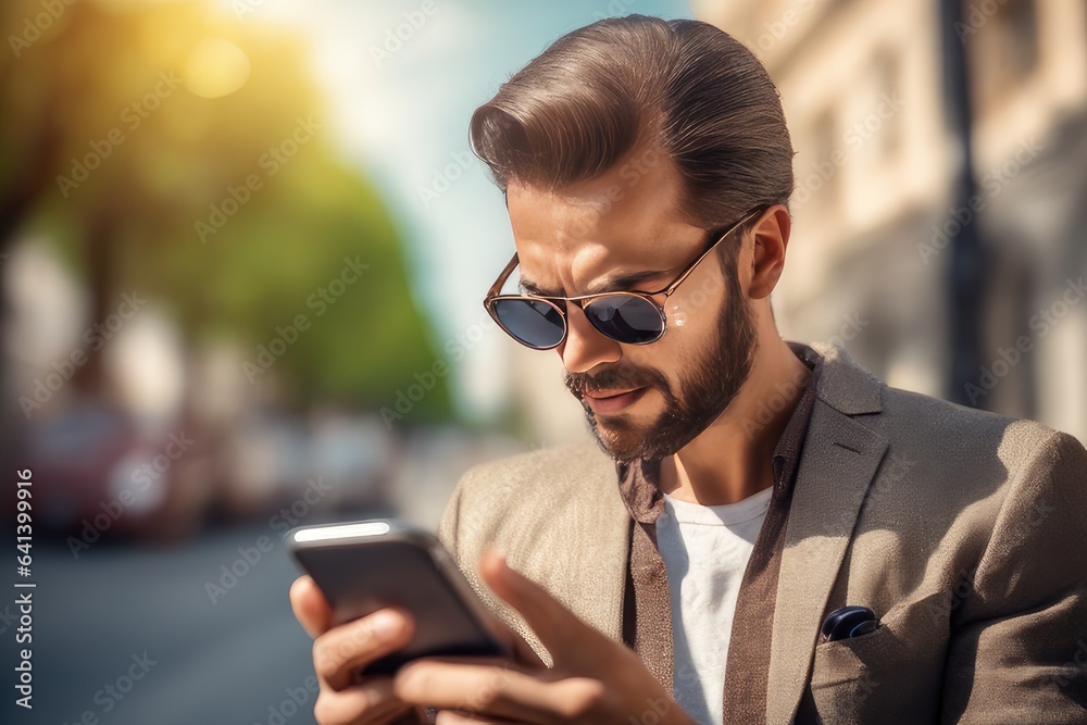 man wearing sunglasses using smartphone in the street man wearing sunglasses using smartphone in the street