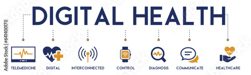 Digital health banner website icons vector illustration concept of technology in medical healthcare with an icons of telemedicine, interconnected, control, diagnosis on white background