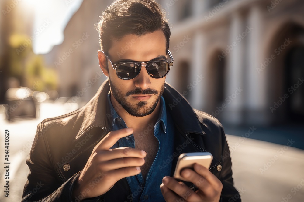 man wearing sunglasses using smartphone in the street man wearing sunglasses using smartphone in the street