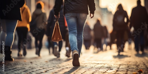 People walk down the street...