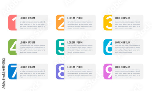 Infographics label numbers 1 to 9 steps or options. Business process. Vector illustration.