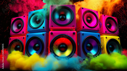 Unleash the power of sound with our dynamic portrayal of vibrant speakers amidst ethereal colored smoke, a masterpiece created by Generative AI.