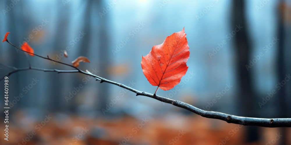 single red leaf, still clinging to a branch, vivid focal point against a blurred backdrop of a forest, autumn fall vibes single red leaf, still clinging to a branch, vivid focal point against a blurred backdrop of a forest, autumn fall vibes