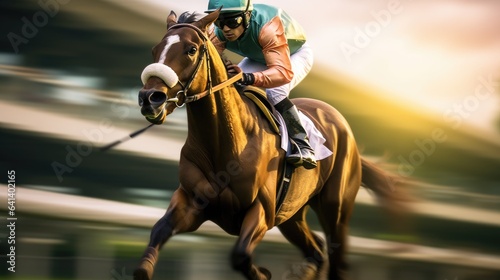 Jockey champion on racing horse. Generative AI © piai