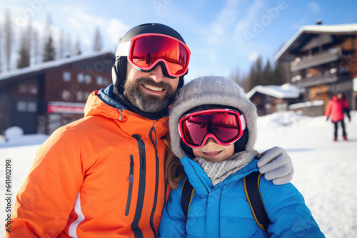 Happy young family with sunglasses and ski equipment in ski resort Bukovel, winter holiday concept. © Jasmina