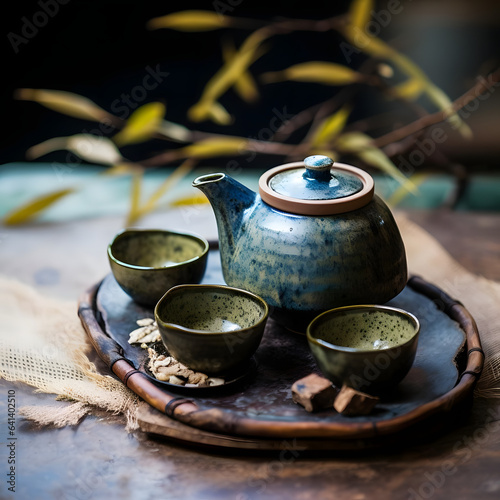 A pottery tea set from SereneCeramics, exuding calmness and serenity, photographed with a wide-angle lens at f 4 Generative AI