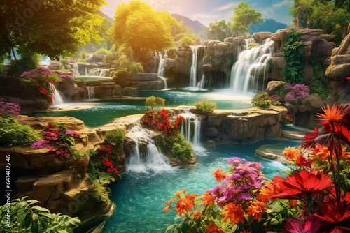 Generative ai view collage of fairy secret garden in magical world with mystical flowers plants pond