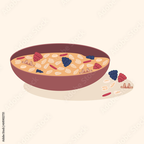 Oatmeal breakfast, oat flakes Bowl with milk porridge, fruits, nuts vector illustration design