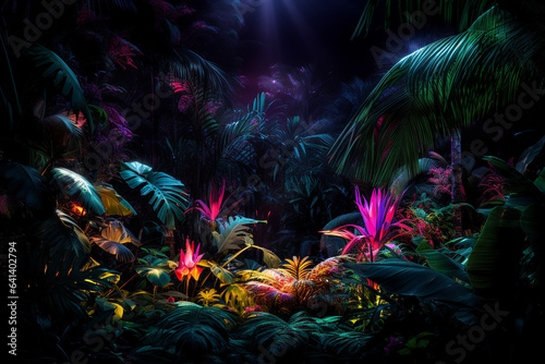 Generative ai collage image picture of mystical magic exotic forest with shiny neon illumination