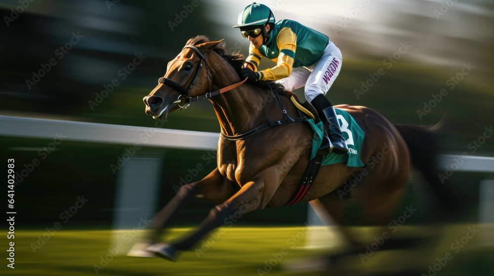 Naklejka premium Jockey champion on racing horse. Generative AI