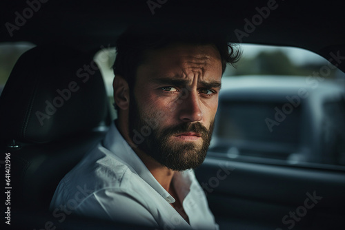 Generative AI photography of confident man inside car looking out of the window traveling by country