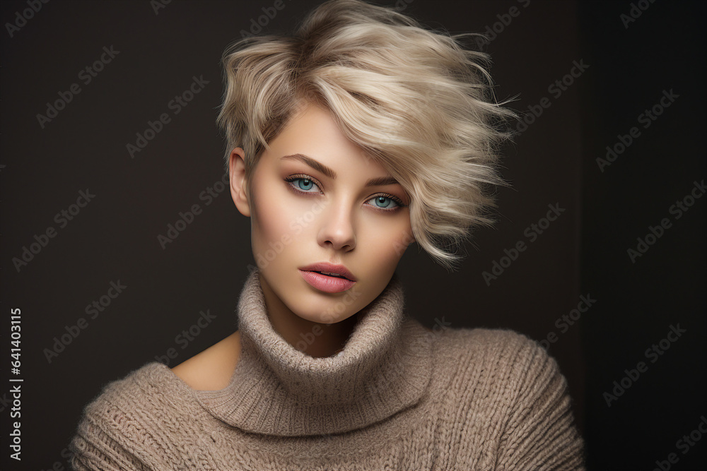 Generative AI picture portrait of young beautiful woman with short haircut styling Generative AI picture portrait of young beautiful woman with short haircut styling
