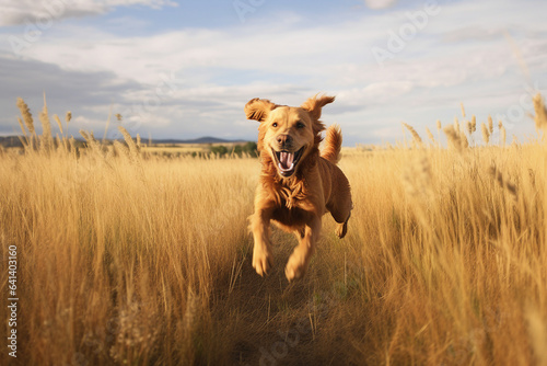 Creative abstract template collage of funny cute adorable golden retriever dog run fast playing have fun generative ai