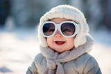 Generative AI portrait of beautiful adorable positive child walking frosty sunny snowy cold winter day outdoors